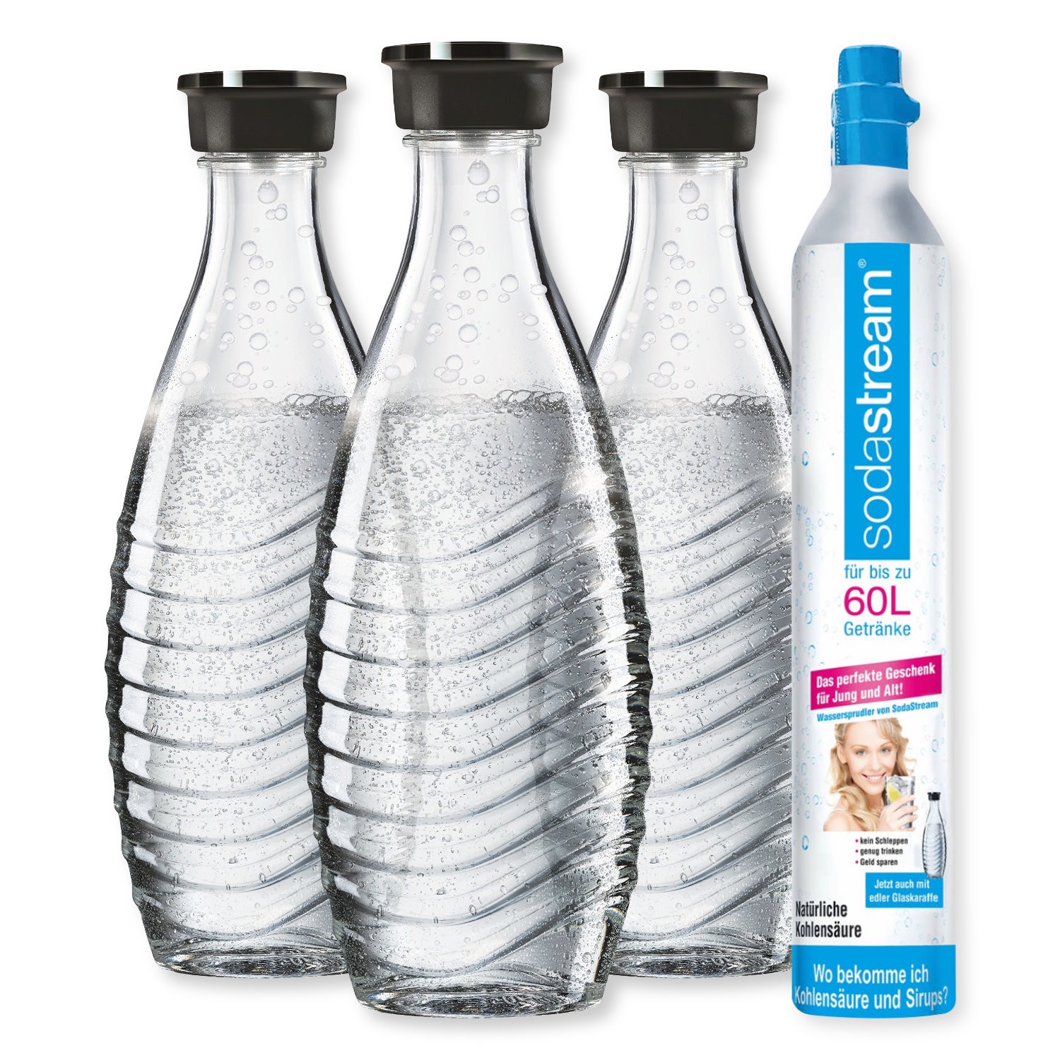 SodaStream Reservezylinder + 3 x Glaskaraffe