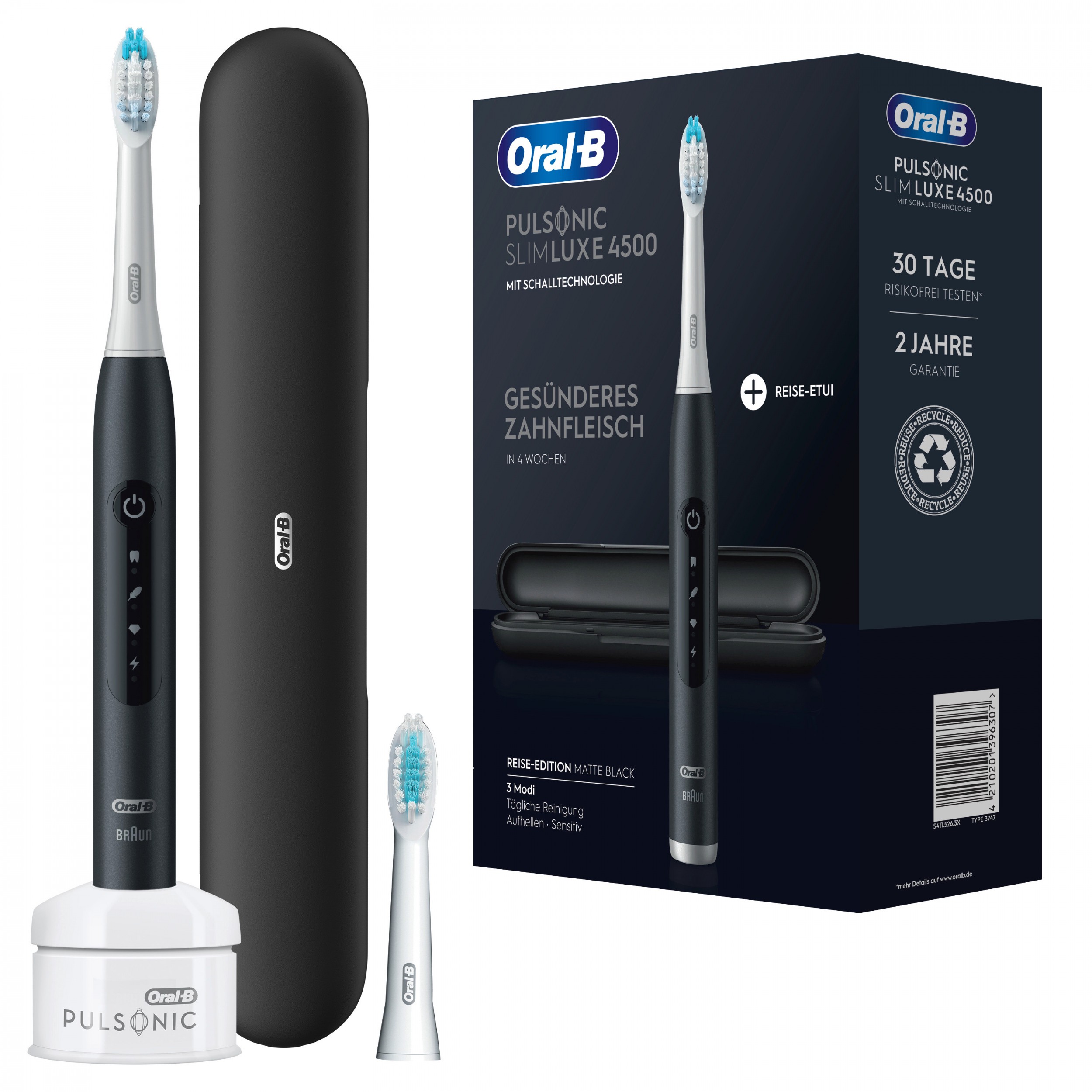 Oral-B Pulsonic Slim Luxe 4500 Elektrische Schallzahnbürste für gesünderes Zahnfleisch in 4 Wochen, 3 Putzprogramme inkl. Sensitiv, Timer, 2 Aufsteckbürsten, Reise-Etui, Schwarz