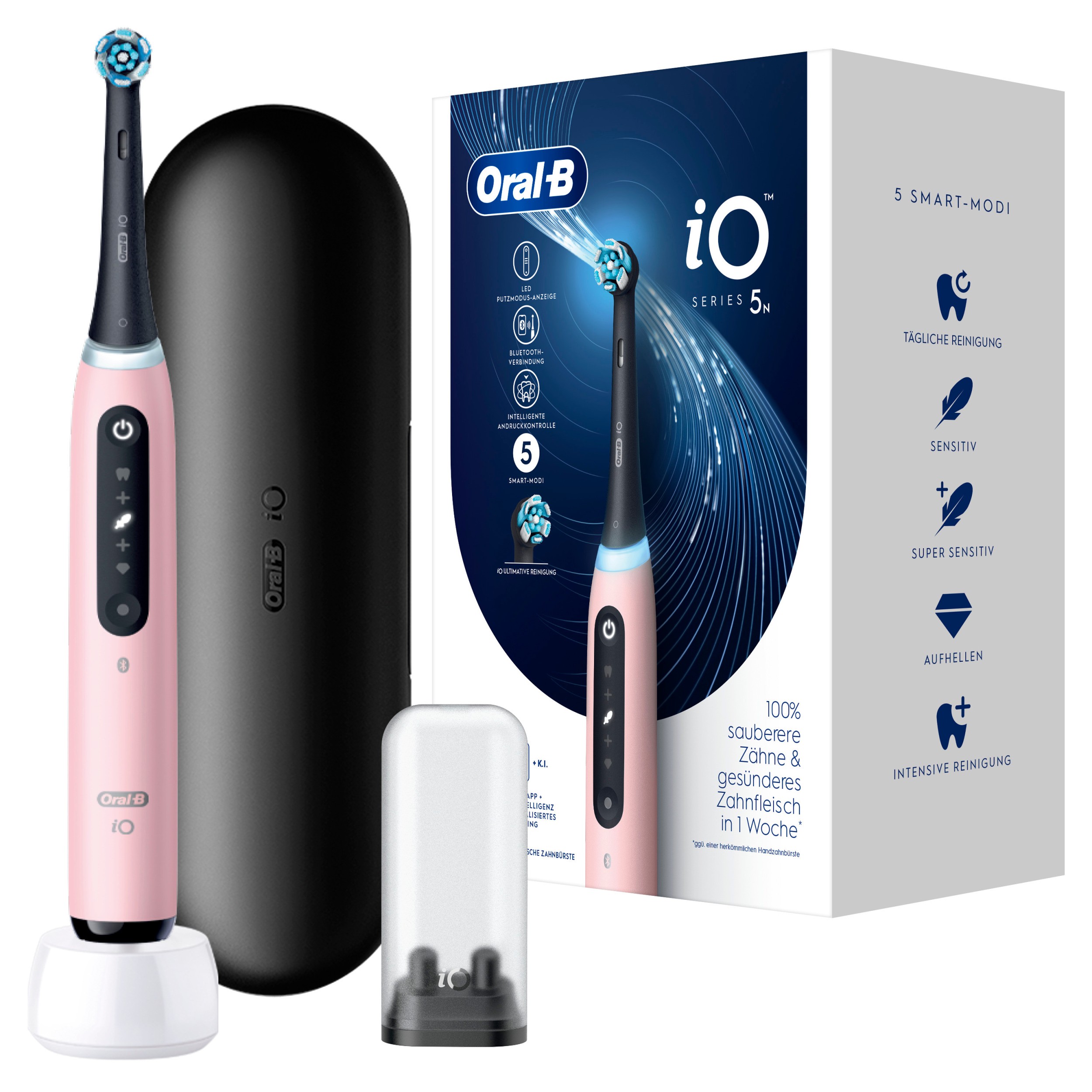Oral-B iO Series 5, elektrische Zahnbürste mit Magnet-Technologie, 5 Putzmodi, LED-Anzeige & Reiseetui, Blush Pink