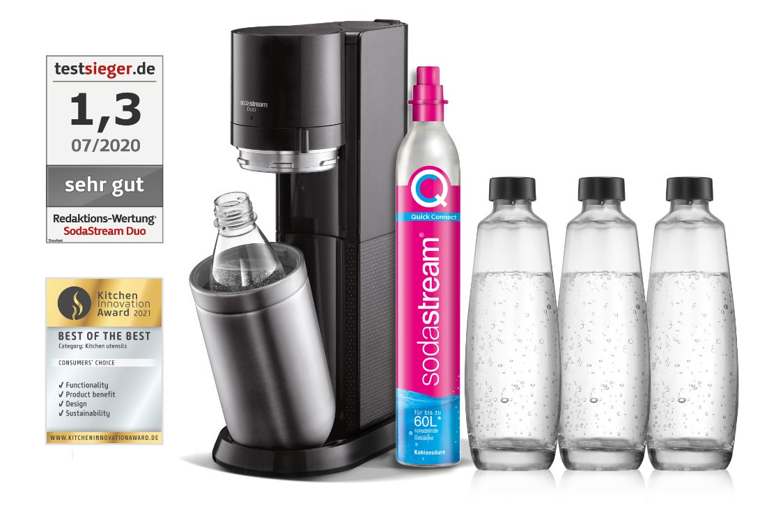 SodaStream DUO Titan Wassersprudler inkl. 3 Glasflaschen + 1 PET Flasche