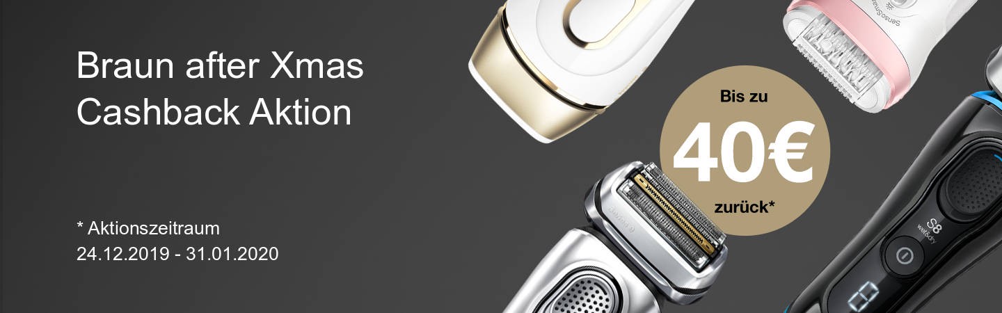 Braun Rasierer und Epilierer mit Hinweis auf eine Cashback-Aktion bis zu 40 €, Aktionszeitraum 24.12.2019–31.01.2020, moderner, werblicher Hintergrund in dunklen Farbtönen.