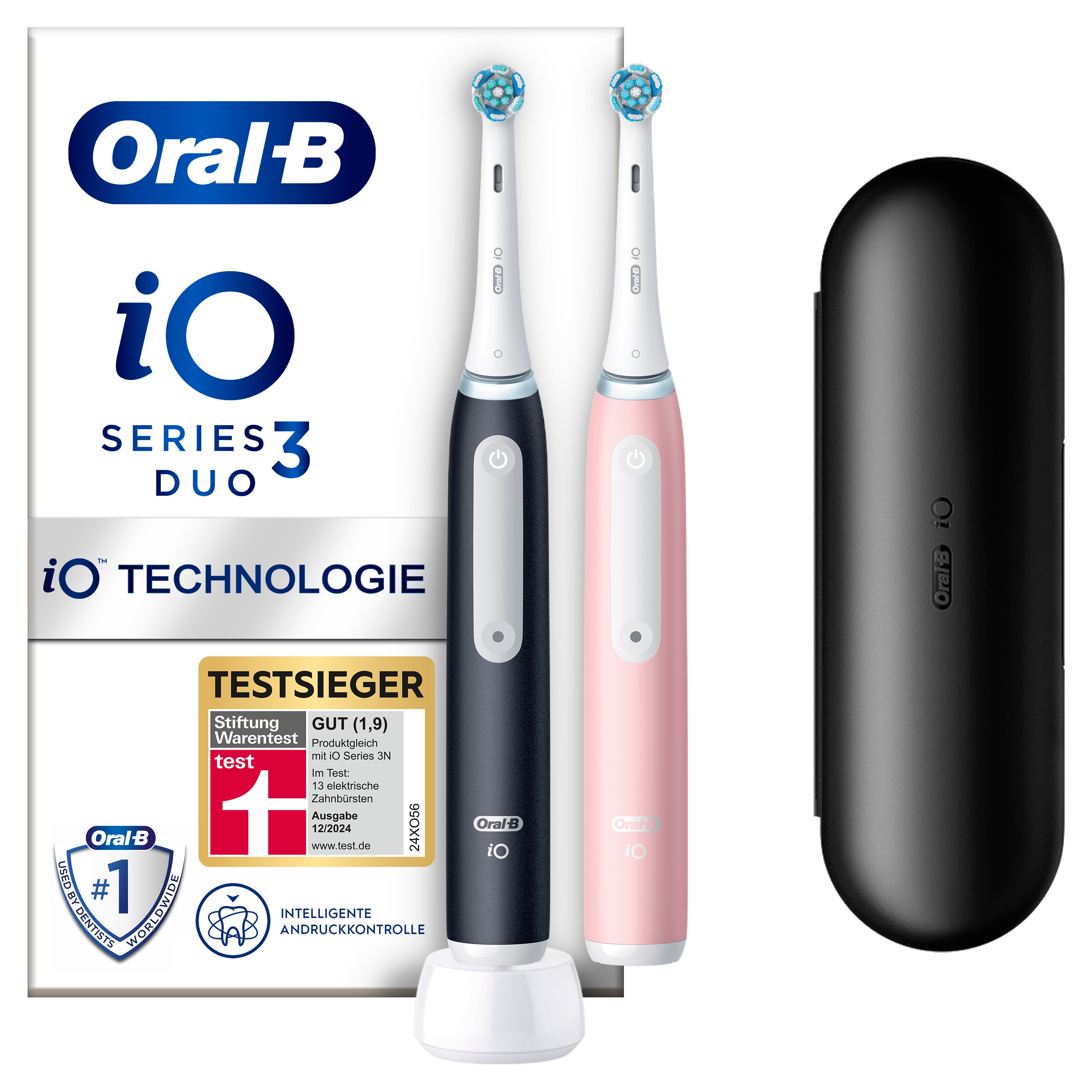 Oral-B iO Series 3 Elektrische Zahnbürste/Electric Toothbrush, Doppelpack, 2 Aufsteckbürsten, 3 Putzmodi für Zahnpflege, Magnet-Technologie, Reiseetui, TESTSIEGER Stiftung Warentest (12/2024), Matt Black/Blush Pink