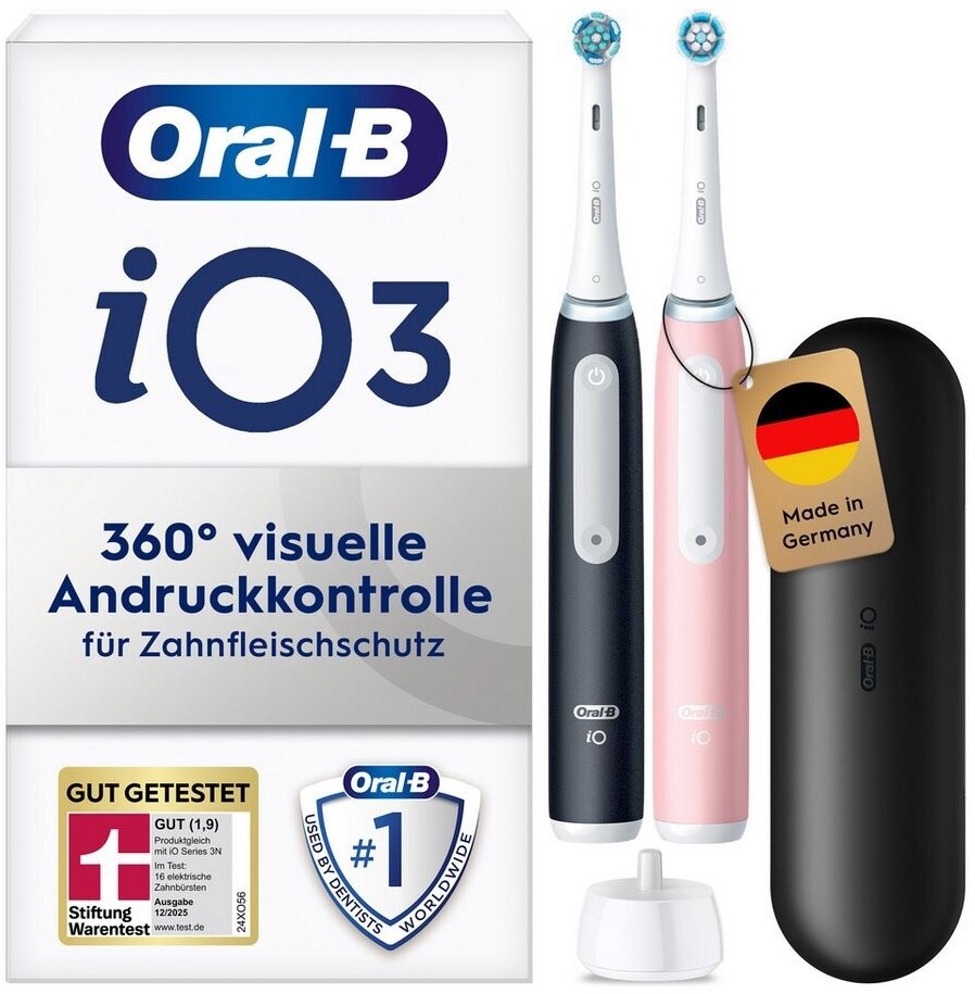 Oral-B iO Series 3 Elektrische Zahnbürste/Electric Toothbrush, Doppelpack, 2 Aufsteckbürsten, 3 Putzmodi für Zahnpflege, Magnet-Technologie, Reiseetui, TESTSIEGER Stiftung Warentest (12/2024), Matt Black/Blush Pink