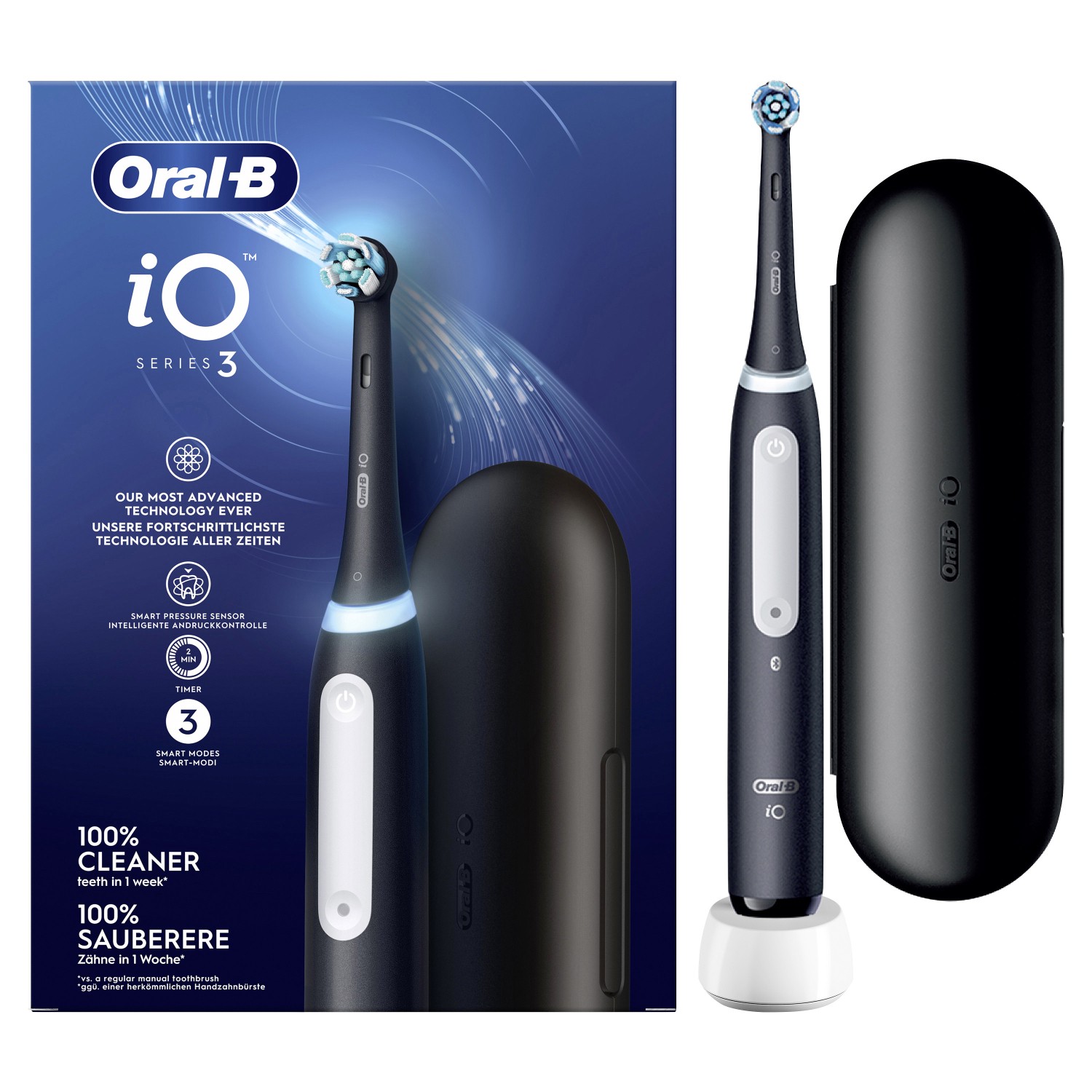 Oral-B iO Series 3 Elektrische Zahnbürste, 3 Putzmodi für Zahnpflege, Magnet-Technologie, Reiseetui, Matt Black