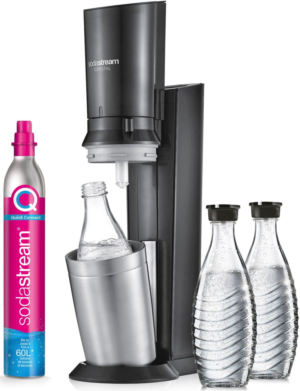 SodaStream Crystal 3.0 Titan Wassersprudler mit CQC CO2-Zylinder und 3x Glaskaraffe 