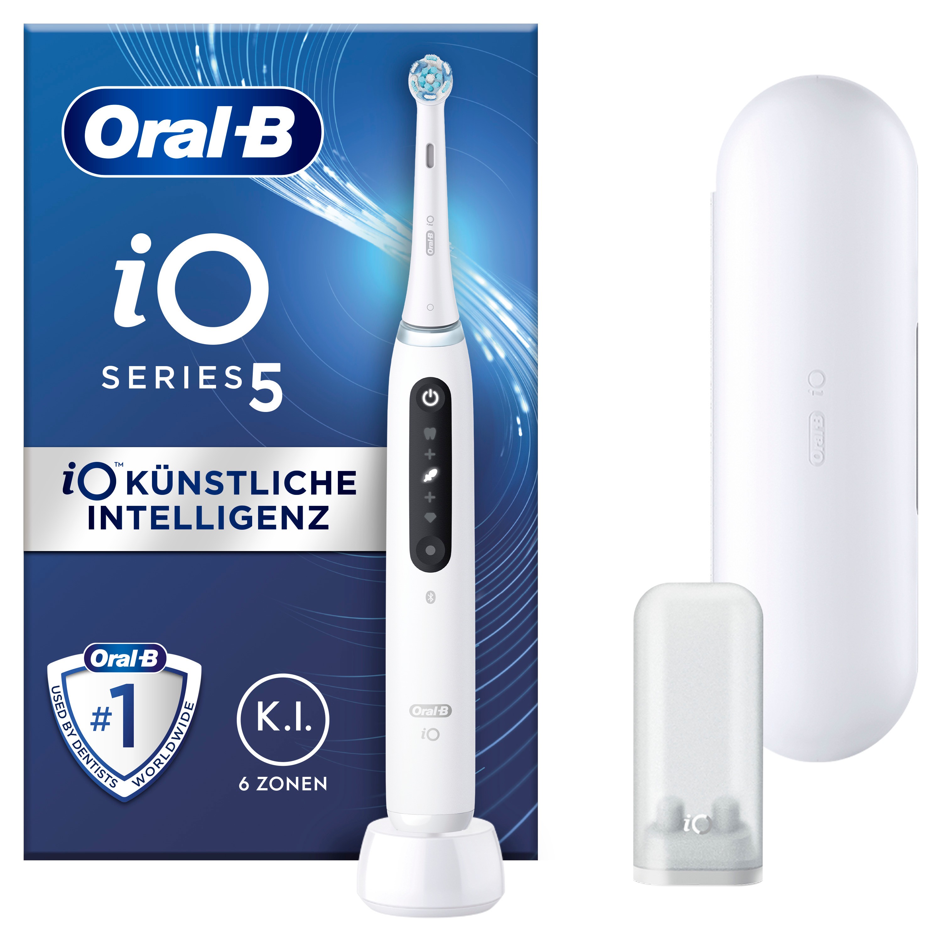 Oral-B iO Series 5, elektrische Zahnbürste mit Magnet-Technologie, 5 Putzmodi, LED-Anzeige & Reiseetui, Quite White